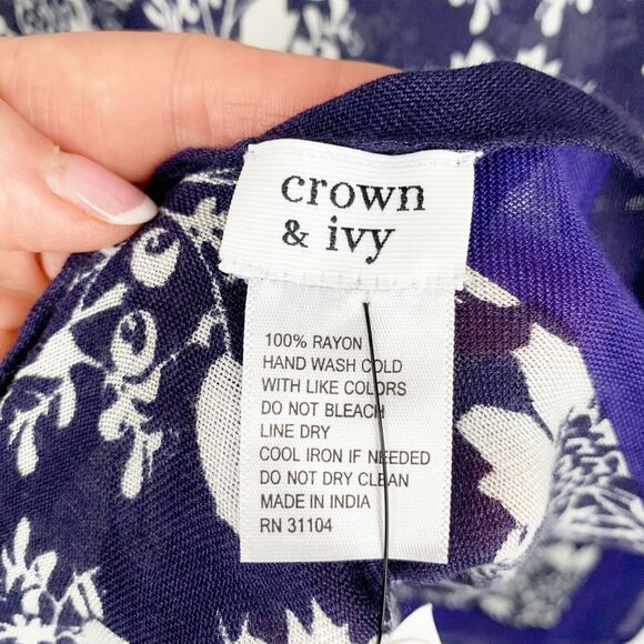NEW Crown Ivy Scarf Rectangle Navy Blue White Floral Solid Border Gift NWT - Picture 7 of 7